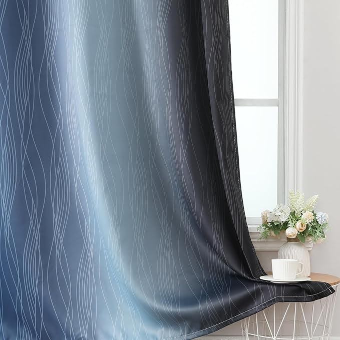 Estelar Textiler Blackout Curtains 102 Inches Long 2 Panels for Living Room, Navy Blue and Black Thermal Insulated Full Light Blocking Ombre Grommet Drapes for Bedroom, 52Wx102L