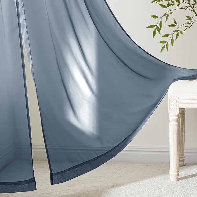 MIULEE Navy Blue Sheer Curtains 90 Inches Long, 4 Panels Set, Light Filtering Rod Pocket Voile Drapes Window Treatments, Semi Transparent Airy Fabric for Bedroom and Living Room, 42 x 90 Inches