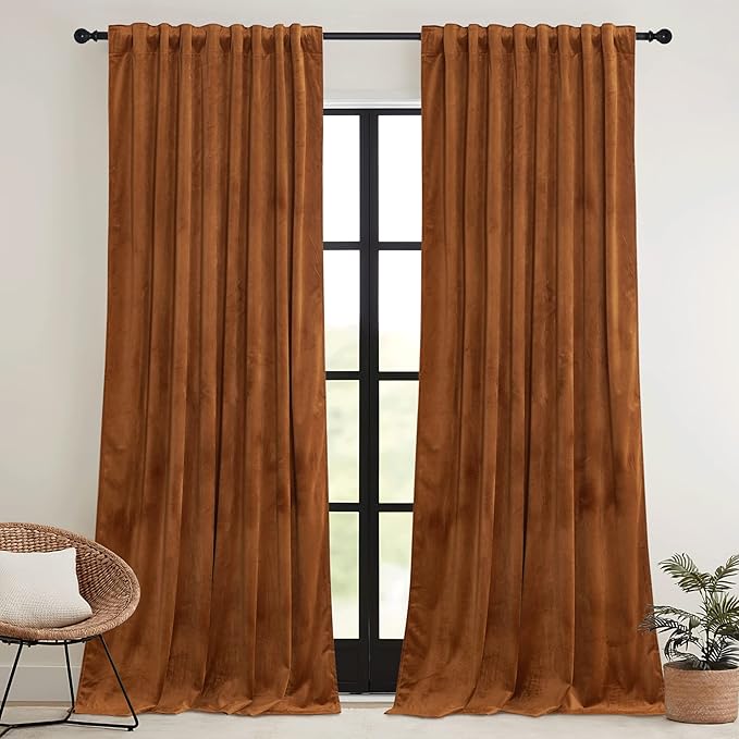 RYB HOME Orange Velvet Curtains 102 inches with Hook Belt, Soft Fabric Room Darkening Thermal Insulated Luxurious Home Decor Curtains for Living Room Bedroom, W 52" x L 102", 2 Panels Set