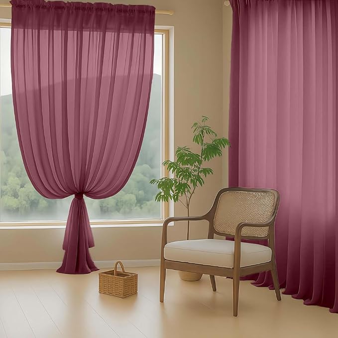 Extra Wide Sheer Curtains 84 Inches Long 2 Panels, Soft Airy Transparent Light Filtering Christmas Curtains for Sliding Glass Door, Top Dual Rod Pocket Design, Burgundy, 2x59Wx84L Inches