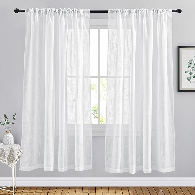 NICETOWN Semi Sheer Window Curtain Panels for Nursery, Rod Pocket & Back Tab Privacy with Light Filter Linen Sheer Window Treatments for Bedroom/Living Room, White, W66 x L72, 2 Pieces