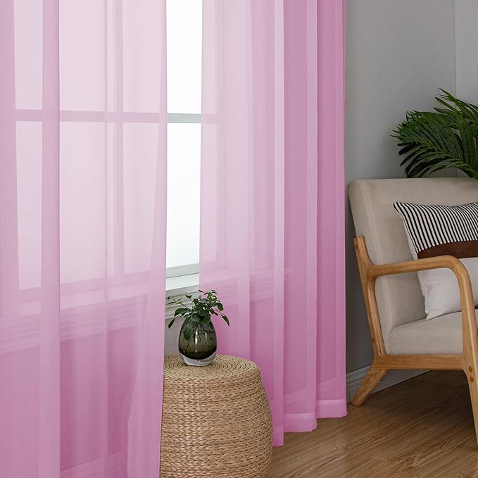 Lecloud Light Pink Sheer Curtains 90 Inches Long 2 Panels, Farmhouse Voile Living Room Drapes with Dual Rod Pocket, Elegant Airy Semi Sheer Curtains for Bedroom, Each Panel 42 X 90 Inch