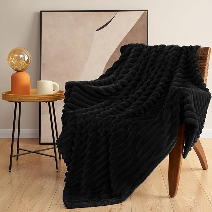 HIMEET Black Ribbed Queen Size Blanket for Bed - 300GSM Lightweight Fleece Blanket for Men Women, Large Cozy Sofa Couch Cover Bed Blankets Gifts, Striped Spring Home Room Decor, Black, 90x90 Inches