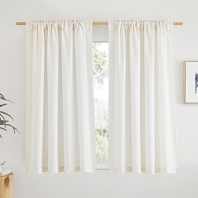 NICETOWN Natural Linen Kitchen Curtains 45 inches Long, Rod Pocket & Back Tab Semi Sheer Flax Linen Window Treatments Privacy with Light Filtering for Kids Room, W52 x L45, 2 Pieces