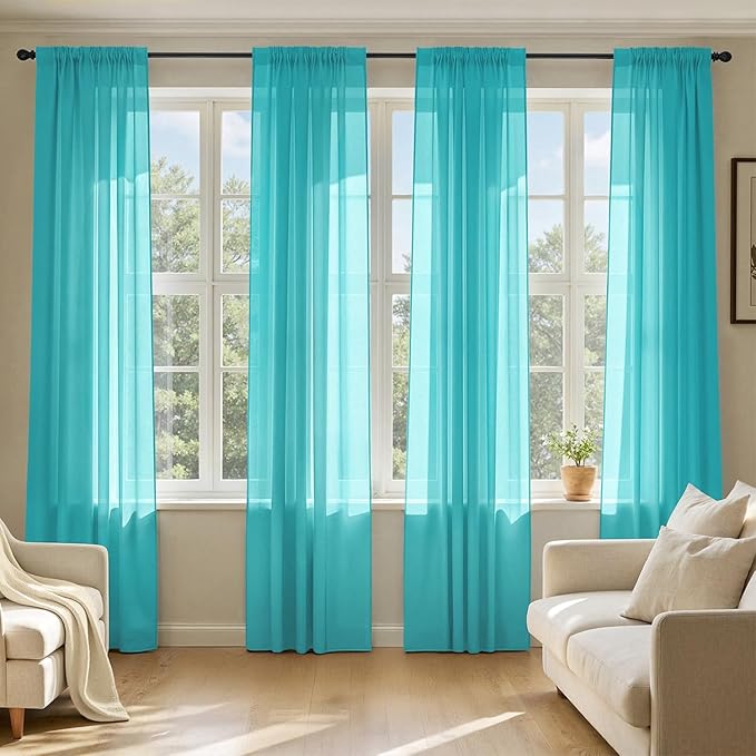 MIULEE Turquoise Sheer Curtains 72 Inches Long, 4 Panels Set, Light Filtering Rod Pocket Voile Drapes for Living Room and Bedroom, Airy Soft Fabric Window Treatments, 42 x 72 Inches