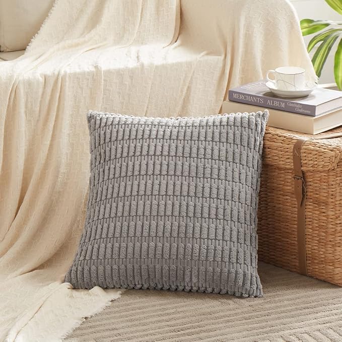 Fancy Homi 4 Packs Grey Decorative Throw Pillow Covers 16x16 Inch for Living Room Couch Bed, Rustic Modern Farmhouse Boho Home Decor, Soft Plush Corduroy Gray Cute Square Accent Cushion Case 40x40 cm