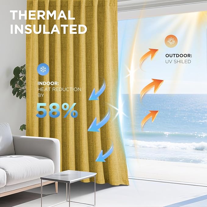 Joydeco Linen Blackout Curtains for Bedroom - 100% Light Blocking 1 Panels, Yellow Drapes 100" W x 96" L, Thermal Insulated Room Darkening Curtains for Living Room, Rod Pocket & Back Tabs