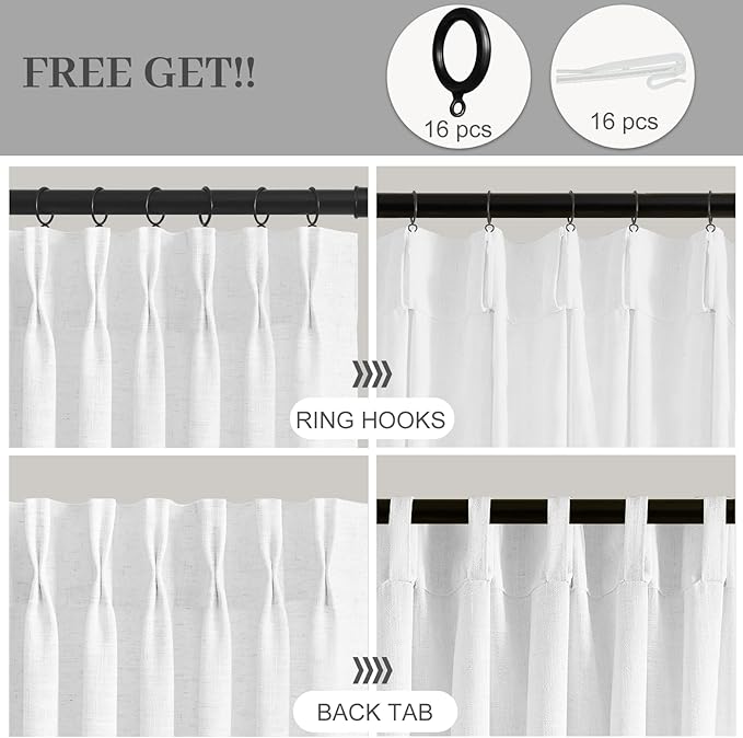 Snow White Pinch Pleated Curtains 96 inches long for Living Room, Semi Sheer Privacy Linen Blended Curtain Memory Trained Back Tab Drapes with Rings Hooks for Bedroom Office, 2 Panels, W40xL96
