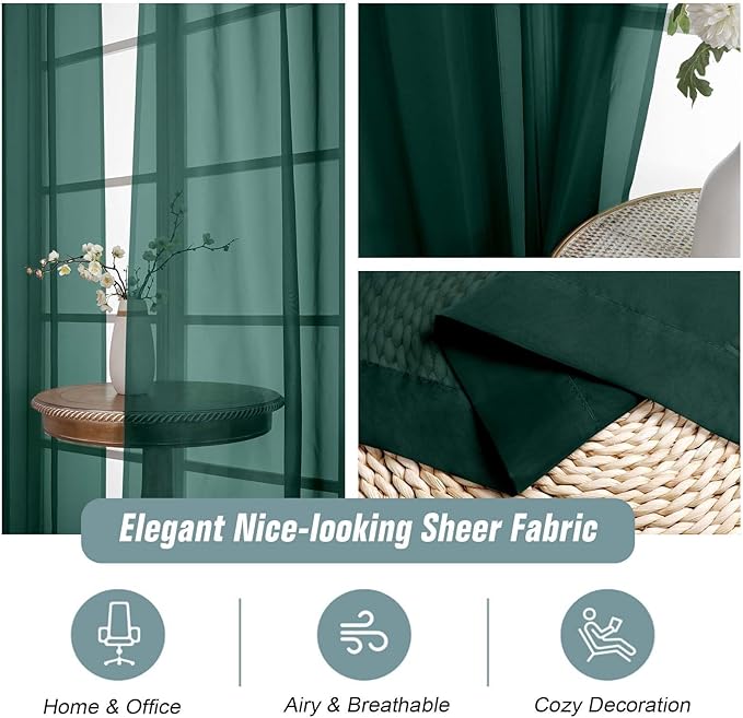 Green Window Sheer Curtains 45 Inches Length, Voile Short Curtains for Christmas, Modern Soft Window Drapes 2 Panels Set, Top Dual Rod Pocket, Hunter Green, 2x42Wx45L Inches
