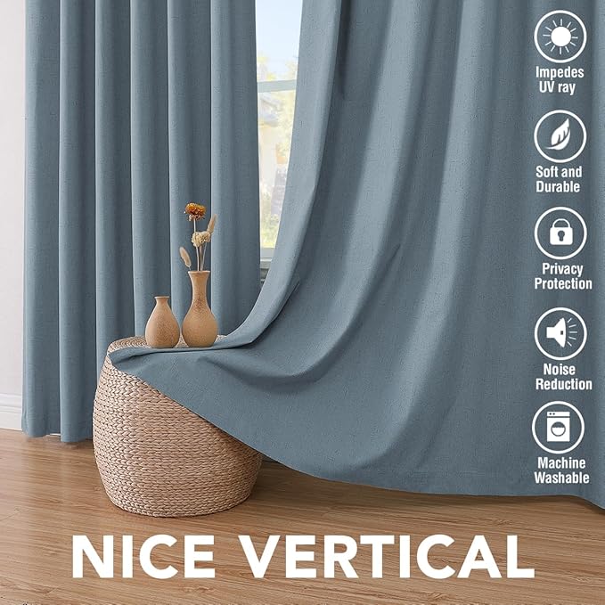 H.VERSAILTEX Primitive Linen Curtains 100% Blackout Curtain Drapes Burlap Curtains with White Thermal Insulated Liner, Grommet Top Drapes Living Room/Bedroom (2 Panels, 42 x 84 Inch, Stone Blue)