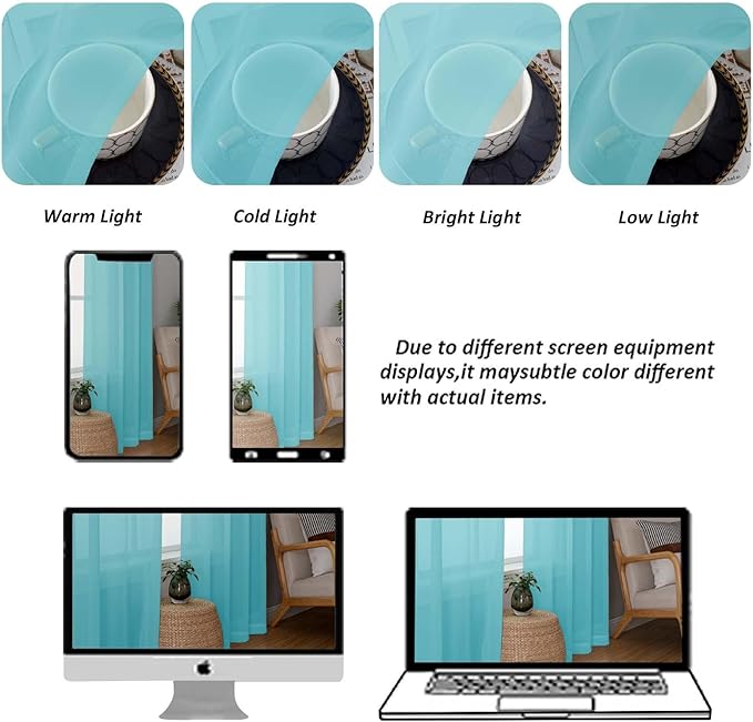Chyhomenyc Sheer Valances for Windows, Light Filtering Small Window Curtains for Living Room Bathroom Cafe Laundry Basement, Modern Top Dual Rod Pocket Voile Curtain, 42Wx14L inches, Aqua, 2 Pieces