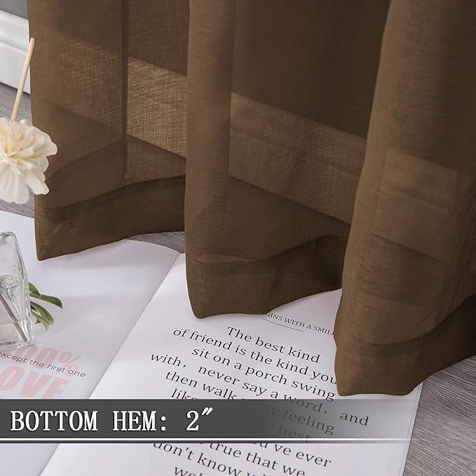 Tollpiz Sheer Curtain Linen Textured Bedroom Curtains Sheer Light Filtering Rod Pocket Voile Curtain for Living Room, 54 x 95 inches Long, Brown, Set of 2 Panels
