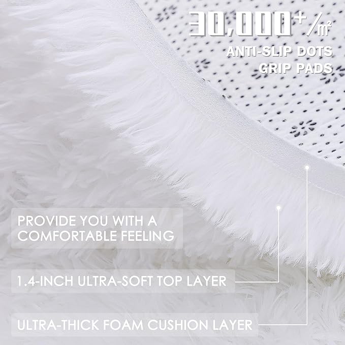 OLANLY White Round Rugs for Bedroom - Machine Washable, 7 ft Circle Area Rugs for Living Room, Soft and Fluffy Shaggy Carpet for Teen Girls and Boys, Nursery Rooms, Dorms, Home Decor Aesthetic