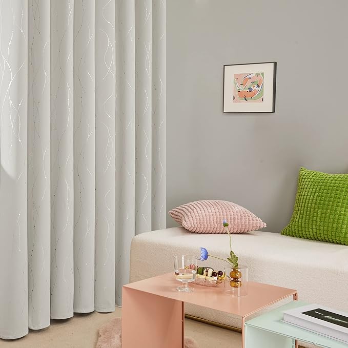 Deconovo Beige Curtains for Living Room, Room Darkening Soundproof Drapes with Wave Dots Silver Print, 38 x 72 Inch Long, Grommet Top, Set of 2 Window Panels for Living Room Bedroom Office Nursery