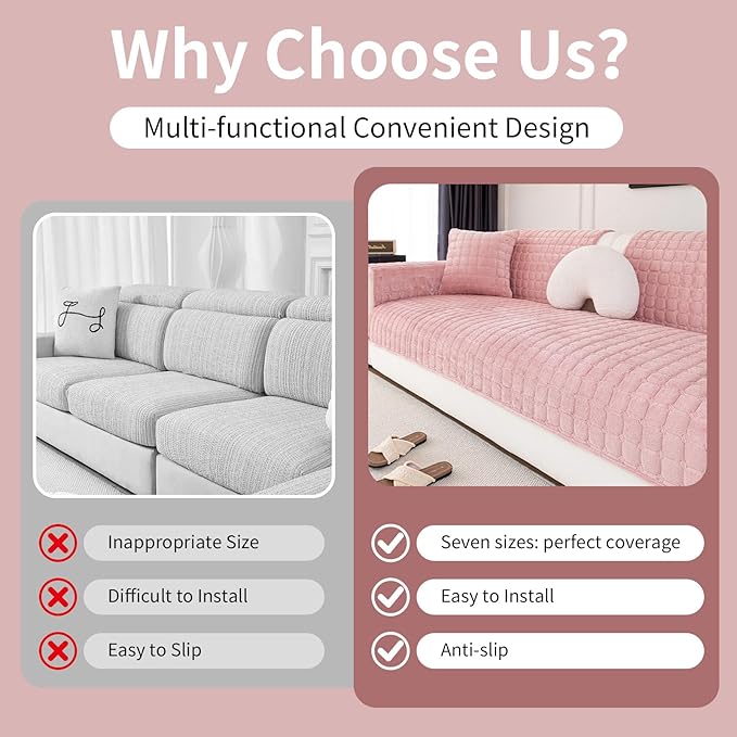 Velvet Couch Cover, Washable Sectional Sofa Cover, Anti Slip Sofa Slipcover for 3 Cushion Couch Sofa L Shaped Armrest Backrest, Furniture Protector Covers for Pets Kids(1PC,Pink,36"×36")
