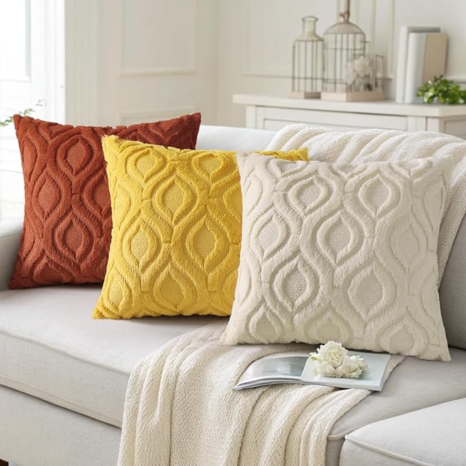 decorUhome Summer Throw Pillow Covers 22x22 Inch Set of 2, Soft Plush Faux Wool Mustard Yellow Solid Couch Pillow Covers, Accent Euro Sham Farmhouse Square Pillow Cases for Sofa Bed Living Room
