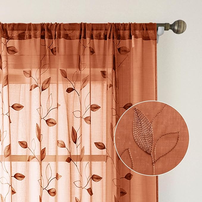 HOMEIDEAS Fall Burnt Orange Sheer Curtains 96 Inches Long 2 Panels Embroidered Floral Pattern Semi Sheer Window Curtains for Bedroom Living Room