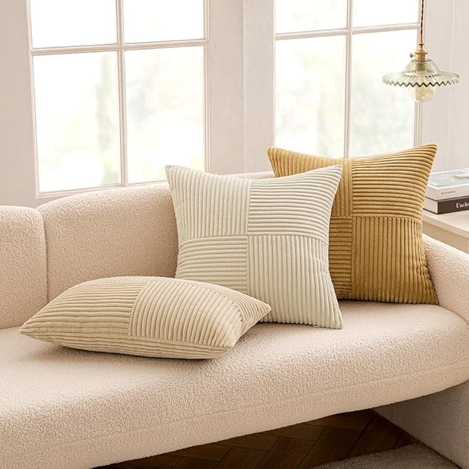 MIULEE Khaki Decorative Throw Pillow Covers 18x18 Inch for Couch Bed Sofa Pack of 2 Boho Farmhouse Throw Pillows Soft Cross Corduroy Patchwork Textured Cushion Cases