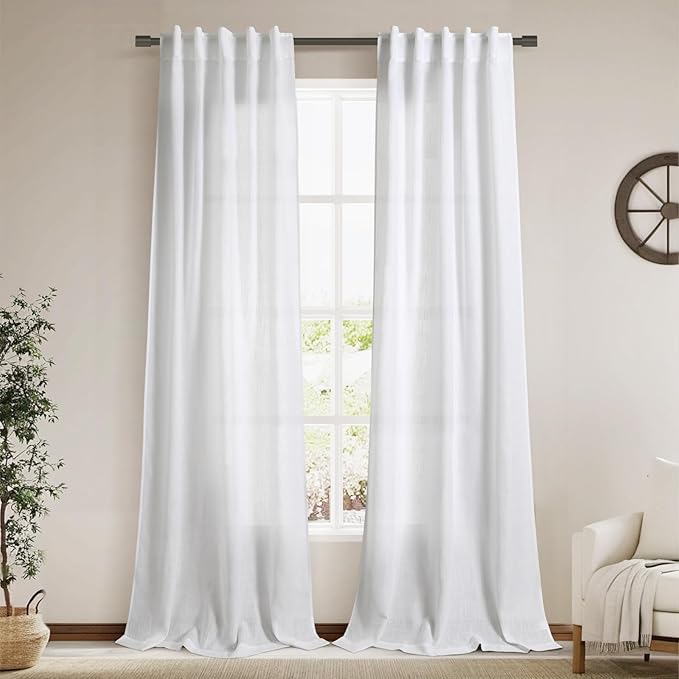 White Linen Sheer Curtains 102 Inches 2 Panels Set Back Tab Rod Pocket Extra Long Semi Sheer Light Filter Vintage Curtain Drapes Room Decor Aesthetic Curtains for Living Room High Window 40x102