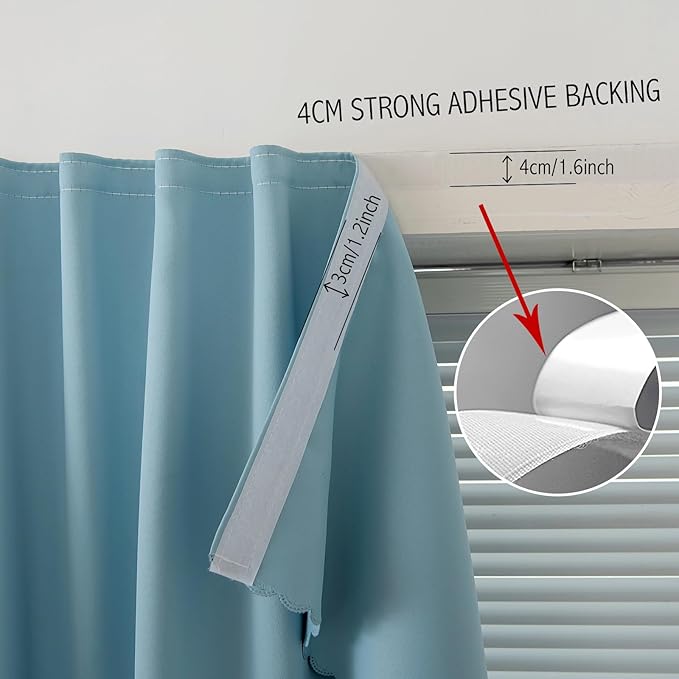 Self Adhesive Curtains, Portable Blackout Curtains Fabric Curtains for Living Room No Drilling, 47" W X 84" L, Lake Blue, 1 Panel