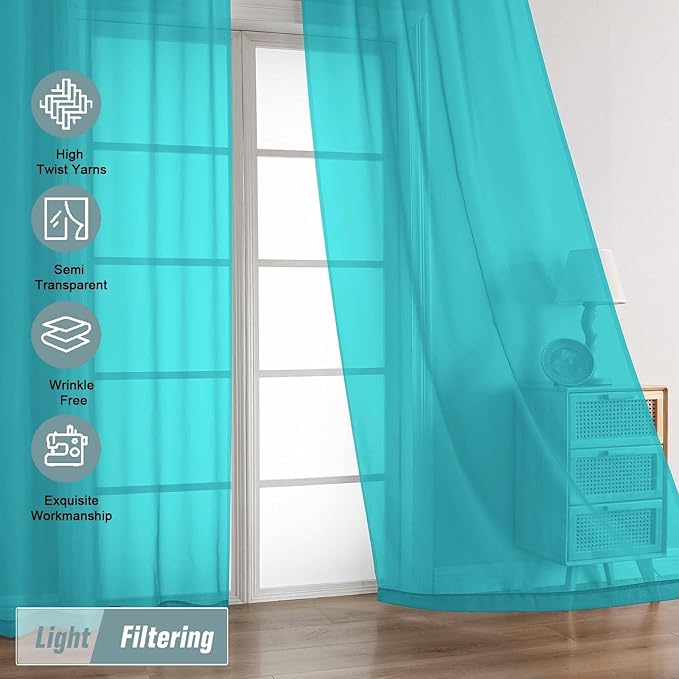 Turquoise Sheer Curtains for Window 72 inches Long 2 Panels Set, Soft Airy Modern Light Filtering Sheer Curtains for Living Room Bedroom, Dual Rod Pocket Solid Window Drapes, 2x42Wx72L inches