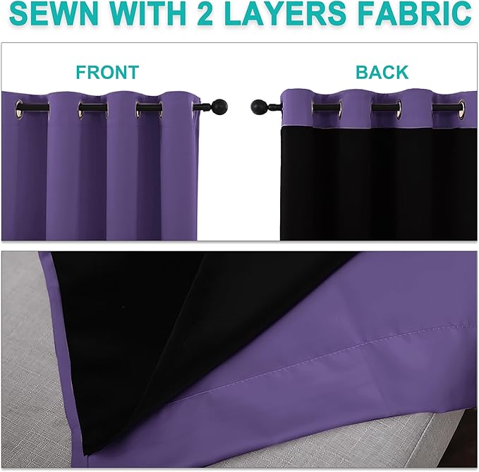 NICETOWN Total Shade Curtains and Draperies, Heavy-Duty Full Light Shading Drapes with Black Liner Backing for Villa/Hall/Dorm Window(Lilac Purple, Package of 2, 52 inches Wide x 95 inches Long)