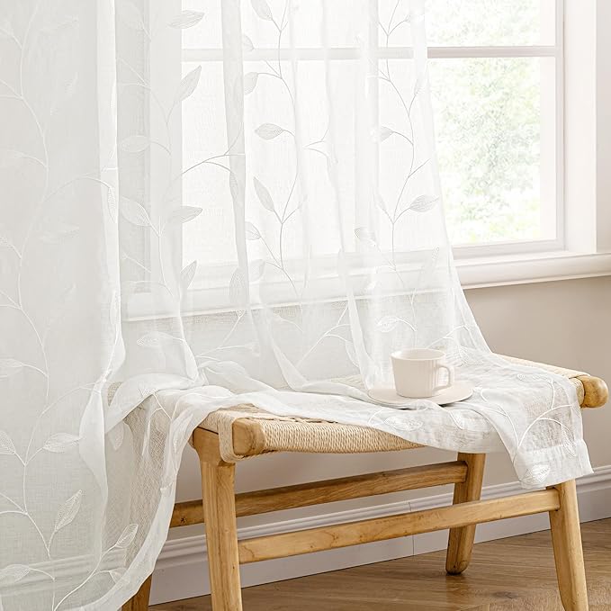 MIULEE Ivory Sheer Kitchen Curtains 30x36 Inches Length 2 Panels Embroidered Leaf Patterned Rod Pocket Floral Semi Sheer Faux Linen Short Window Curtains Drapes Set for Bathroom Cafe