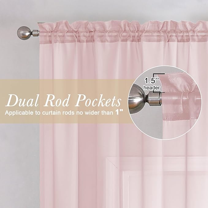 Lecloud Blush Pink Sheer Curtains 96 Inches Long 2 Panels, Modern Airy Voile Solid Curtains, Transparent Aesthetic Windows Decor Drape with Rod Pocket for Bedroom Living Room, Each 42" W x 96" L