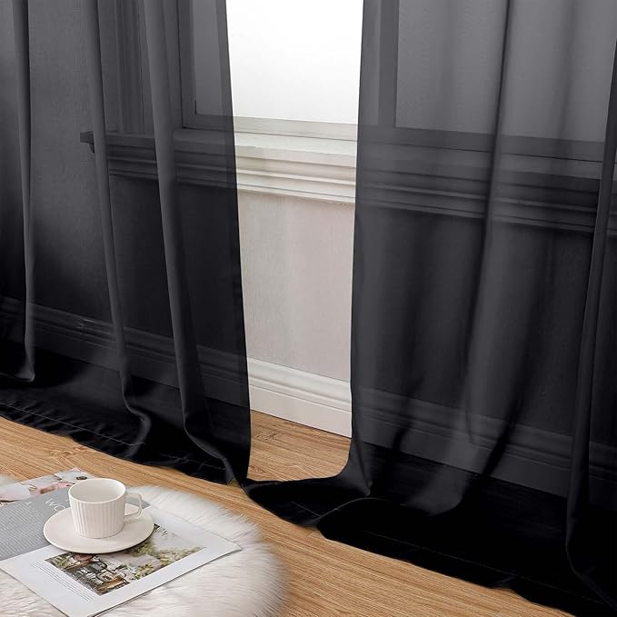 Black Sheer Curtains 90 Inches Long 2 Panels Set for Bedroom Living Room, Soft Airy Light Filtering Modern Solid Rod Pocket Drapes Window Treatments, Black, Each 59" W x 90" L