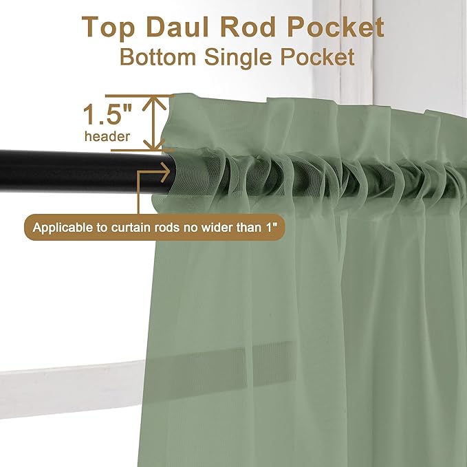 Chyhomenyc Sage Green Sheer Curtains 108 Inches Long - Light Filtering Voile Extra Long Panel Drapes for Floor to Ceiling Window, Elegant Soft Living Room Curtains, Each 42Wx108L Inch, 9FT, 2 Panels