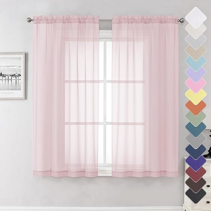 Lecloud Blush Pink Sheer Curtains 63 Inch Length 2 Panels, Light Filtering Window Voile Curtain & Drapes for Kitchen/Living Room/Children Room, Dual Rod Pocket Girls Bedroom Drape, 42x63 Inches