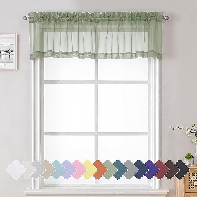 Lecloud Sage Green Short Sheer Curtains 14 Inch Length 2 PCS, Cafe Kithen Curtains with Dual Rod Pockets, Light Filtering Voile Valances for Living Room Bedroom Window Treatments, 40 W x 14 L Inch
