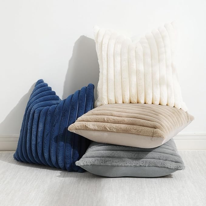decorUhome Cozy Faux Fur Throw Pillow Covers 20x20 Set of 2 Decorative Soft Plush Striped Modern Farmhouse Boho Couch Pillow Cases with Velvet Back for Sofa Bed Living Room, Grey