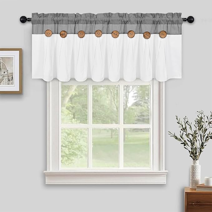FRAMICS Farmhouse Valance Curtains, Boho Cotton Linen Kitchen Valance, Grey Rustic Button Window Valances for Kitchen Bathroom Bedroom, Country Rod Pocket Valances for Windows, Grey, 52 x 18 Inch