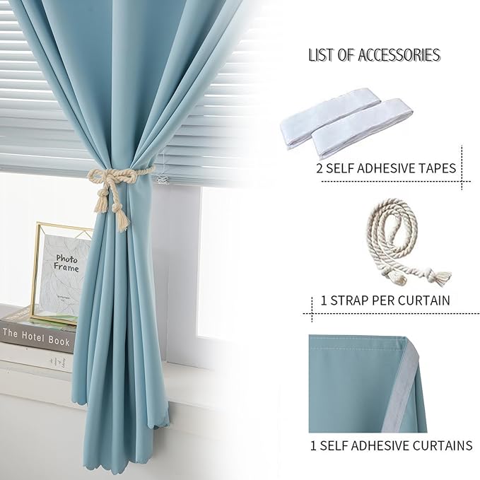 Self Adhesive Curtains, Black Out Shade for Window, Blackout Fabric Temporary Window Coverings Easy to Hang Curtains No Rod Needed, Use for Bedroom, Room, Kitchen, 35"W X 59"L, Lake Blue, 1 Panel