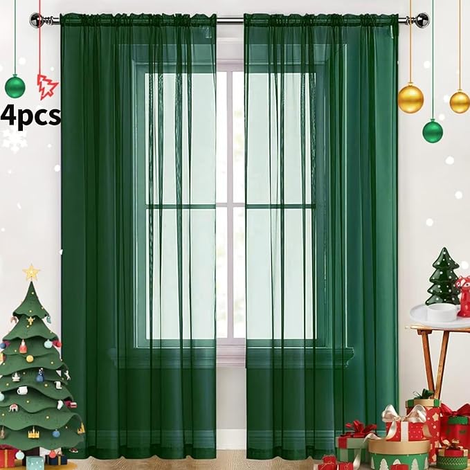 SpaceDresser Foliage Green Sheer Curtains 4 Panels Rod Pocket Semi-Sheer Curtain 63 Inches Long Light Filtering Voile Window Drapes for Bedroom Living Room Kitchen, Each 52W x 63L