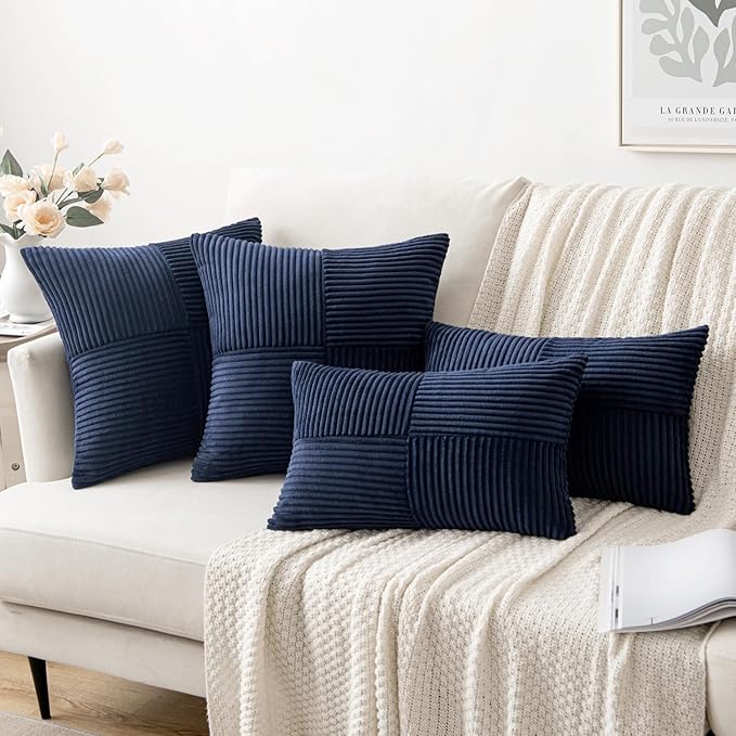 MIULEE Navy Blue Decorative Lumbar Throw Pillow Covers 12x20 Inch for Couch Bed Sofa Pack of 2 Boho Farmhouse Throw Pillows Soft Cross Corduroy Patchwork Textured Cushion Cases