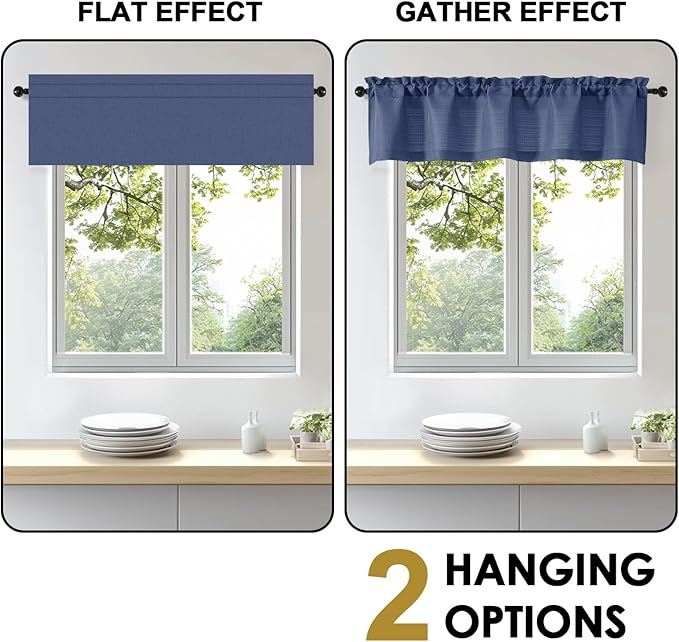OWENIE Bob 1 PCS Blue Valances for Windows, Faux Linen Textured Kitchen Window Curtains Valance for Bedroom Living Room, Modern Soft Airy Solid Rod Pocket Bathroom Cafe Curtain, 60Wx14L Inch