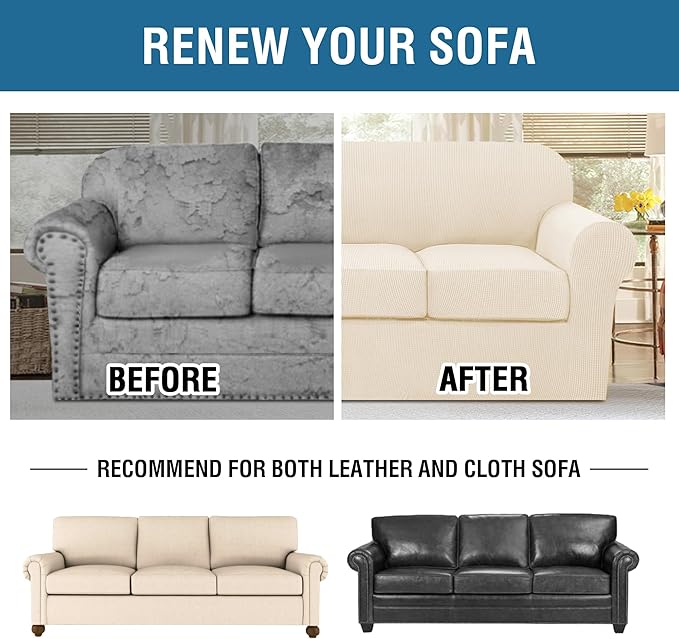 H.VERSAILTEX 4 Piece Stretch Sofa Covers for 3 Cushion Couch for Living Room Furniture Slipcovers (Base Cover Plus 3 Seat Cushion Covers) Thicker Jacquard Fabric (Large Sofa, Cream)
