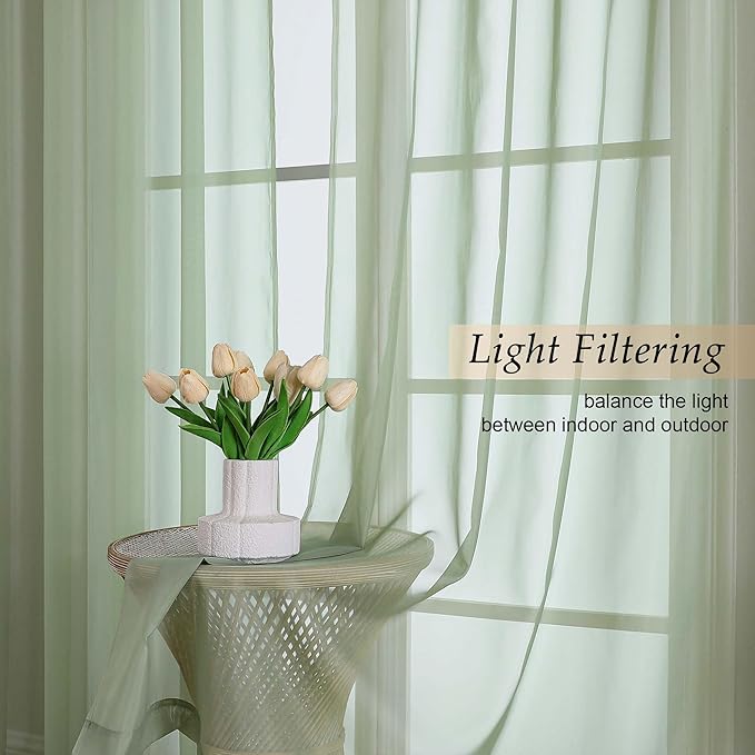 Extra Long Sheer Green Curtains for Bedroom Living Room 108 Inches Long 2 Panels Set, Solid Soft Light Filtering Rod Pocket Sheer Window Curtains, Sage, Each 59" Wx108 L Inch