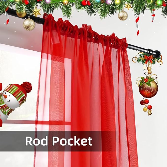 youleyar Solid Sheer Rod Pocket Curtain Voile Draperies 4 Panels White Beige Black Grey Ivory 52 Inch Width 63 Inch Long 1 Pair for Kitchen Bedroom Children Living Room Yard(Red,52 Wｘ63 L)