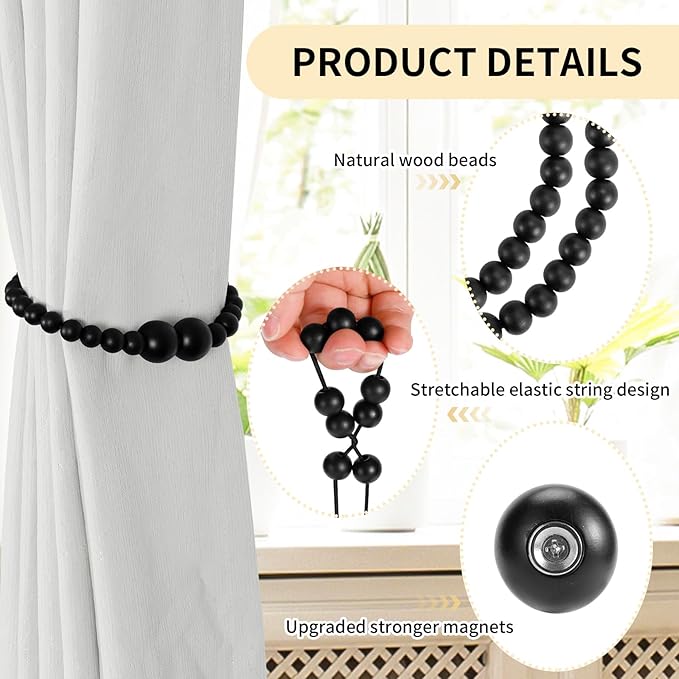 Magnetic Curtain Tiebacks, 4 Pack Curtain Holdbacks for Draperies, Wood Bead Curtain Tiebacks, Elegant Curtain Tie Backs for Bedroom Decor, Boho Room Decor, Nursery Decor, Farmhouse Decor