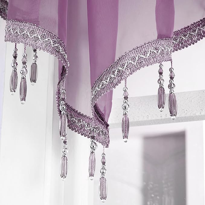 Molaxhome Swag Curtain 51 inch Length Rod Pocket Scalloped Curtain Valance Sheer Lace Panels with Hanging Crystal Beads for Kitchen Bedroom Window Treatments Drape Decor 1pc (Modena, 51Wx23L)