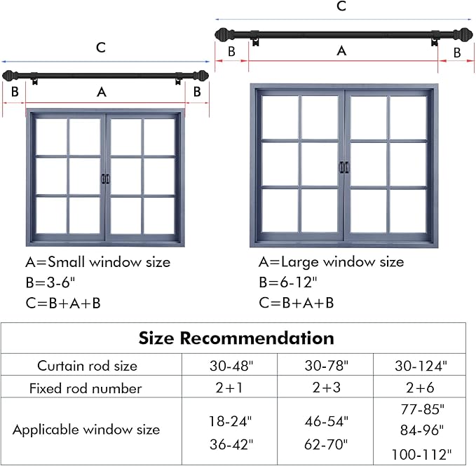Curtain Rods for Windows 2 Pack 36-124 inch, 5/8 inch Matte Black Curtain Rod Adjustable by Splicing for Bedroom Kitchen Living Room