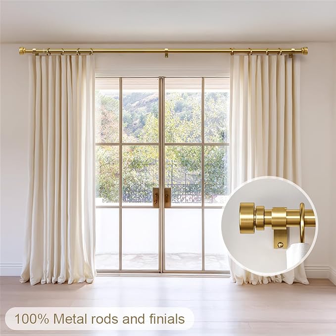 Lootkell Gold Curtain Rods for Windows 72 to 144 Adjustable Modern Curtain Rod 1 inch Diameter Heavy Duty with Solid Metal Finials for Living Room Bedroom Farmhouse Outdoor Patio