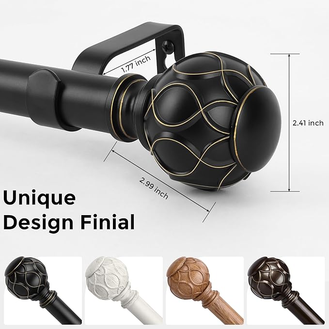 2 Pack Black Curtain Rod, Heavy Duty 1 Inch Decorative Curtain Rods for Windows 30 to 56 Inch, Single-Side Adjustable Vintage Rustic Matte Black Drapery Pole Set with Netted Texture Finials
