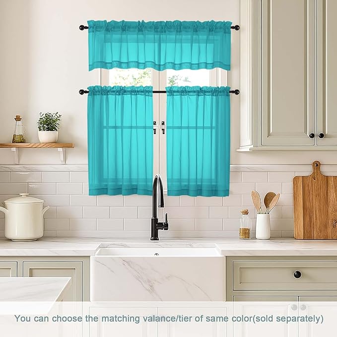 Turquoise Sheer Curtains Tier 30 Inches Length 2 Panels, Light Filtering Lightweight Soft Window Treatments Drapes, Cute Elegant Cafe Curtains for Nursery, Dual Rod Pocket, 2x42Wx30L Inches