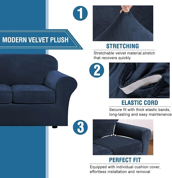 H.VERSAILTEX Rich Velvet Stretch 2 Piece Cover Chair Slipcover Sofa Cover Furniture Protector Couch Soft with Elastic Bottom Chair Couch Cover with Arms Width Up to 49 Inch(Chair,Navy)