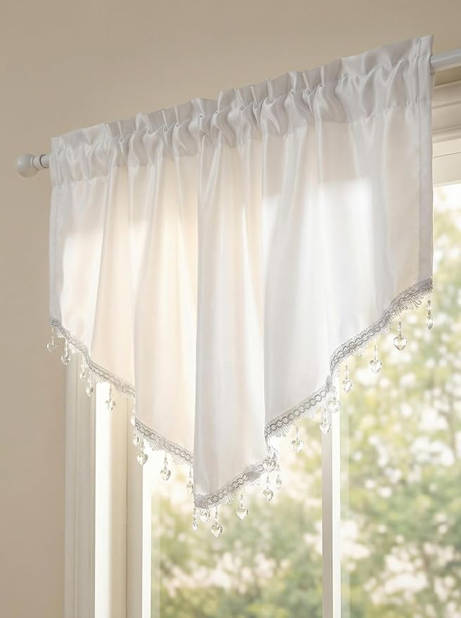 Molaxhome Swag Curtain 51 inch Length Rod Pocket Scalloped Curtain Valance Sheer Lace Panels with Hanging Crystal Beads for Kitchen Bedroom Window Treatments Drape Decor 1pc (Cloth White, 51Wx23L)