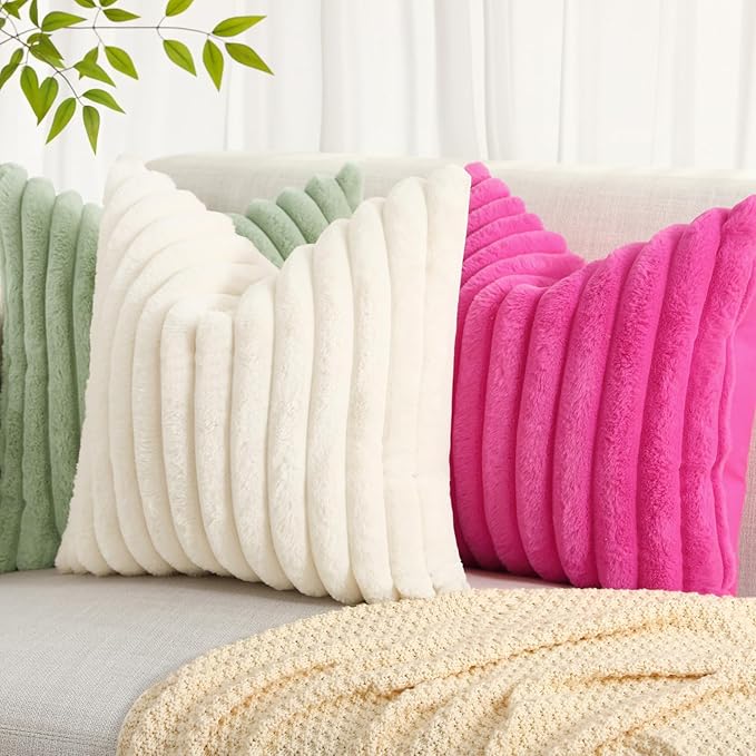 decorUhome Summer Cozy Faux Fur Throw Pillow Covers 20x20 Set of 2 Decorative Soft Plush Striped Modern Farmhouse Boho Couch Pillow Cases with Velvet Back for Sofa Bed Living Room, Hot Pink